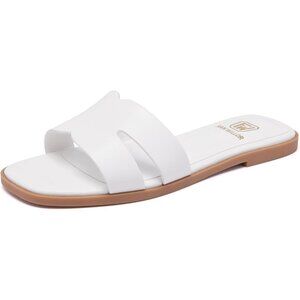 Women's White Square Open Toe Slip On Beach Summer Flat Slide Sandals